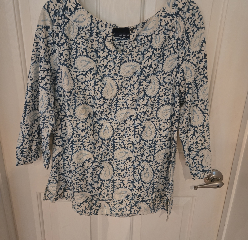 Lands' End Blue and White Paisley Scoop Neck Tunic